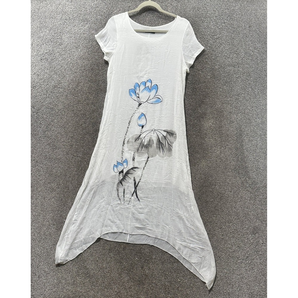 N Yang White Lotus Flower Sharkbite Hem Asymmetrical Midi Dress Womens Small